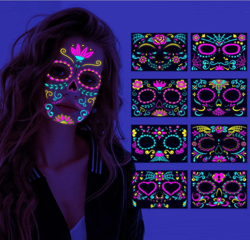 Glitz Halloween Costume Temporary Face Tattoo Skeleton Mask 2-piece Set