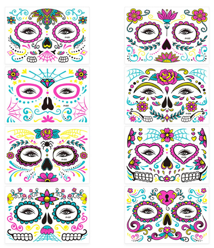 Glitz Halloween Costume Temporary Face Tattoo Skeleton Mask 2-piece Set