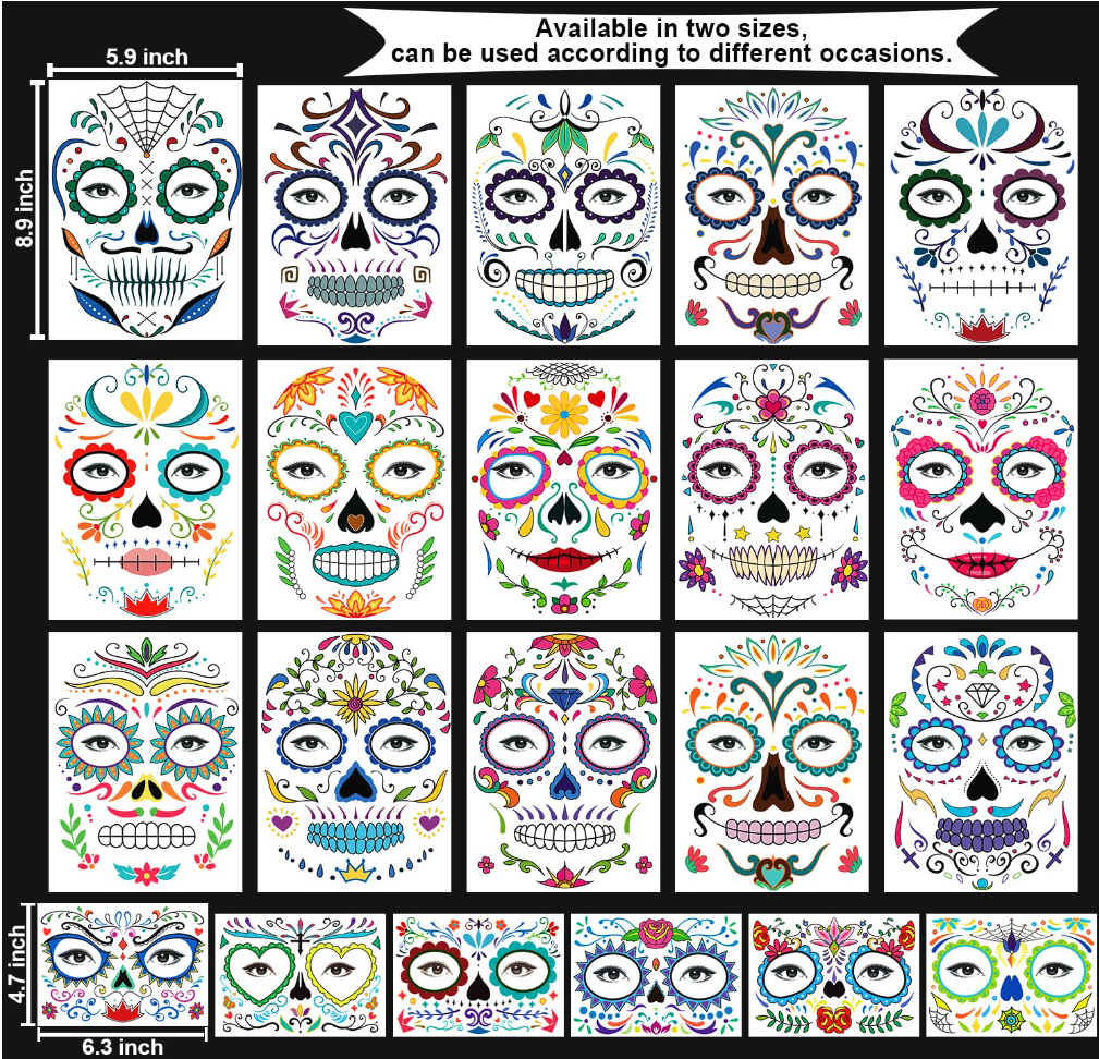Glitz Halloween Costume Temporary Face Tattoo Skeleton Mask 2-piece Set