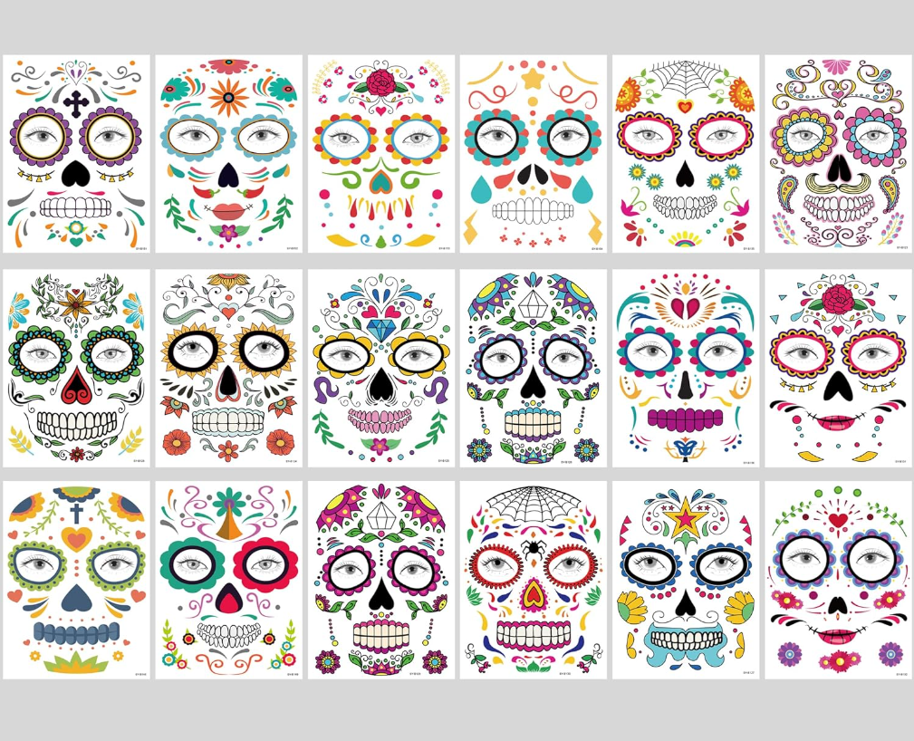 Glitz Halloween Costume Temporary Face Tattoo Skeleton Mask 2-piece Set